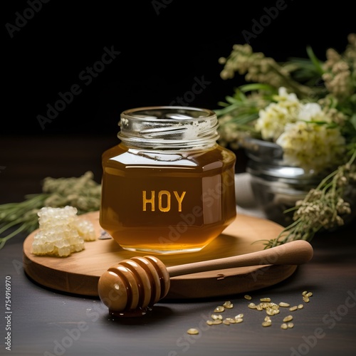 scene with natural elements and honey in jar