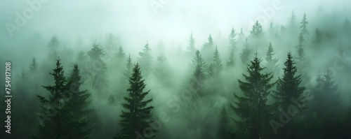 Misty Forest Aerial Photograph with Pine Trees. Foggy, Atmospheric Nature Background. © Fabian Mohr