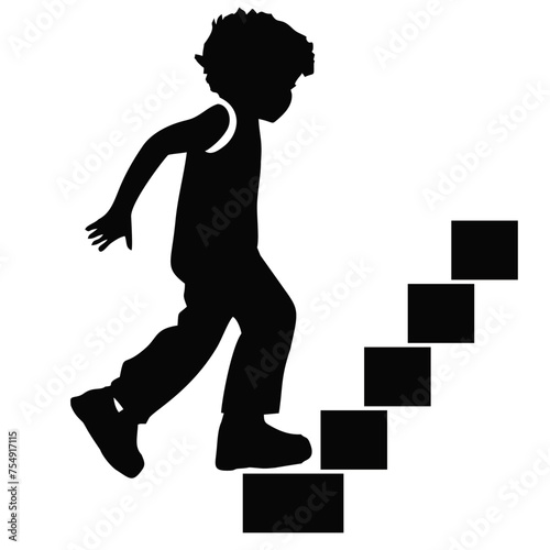 Black vector flat illustration of a comfident child climning a stairs silhouette on a white background. Nurturing child concept. learning stepping tone.