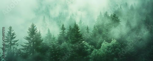 Misty Forest Aerial Photograph with Pine Trees. Foggy  Atmospheric Nature Background.