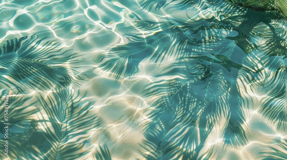 Tropical Leaf Shadow on Water Surface with Beach Sand Tropical Leaf Shadow on Water Surface with Beach Sand