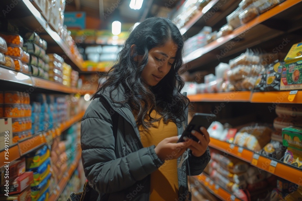 Young Latin American Woman Shopping in Supermarket, Comparing Prices on Phone