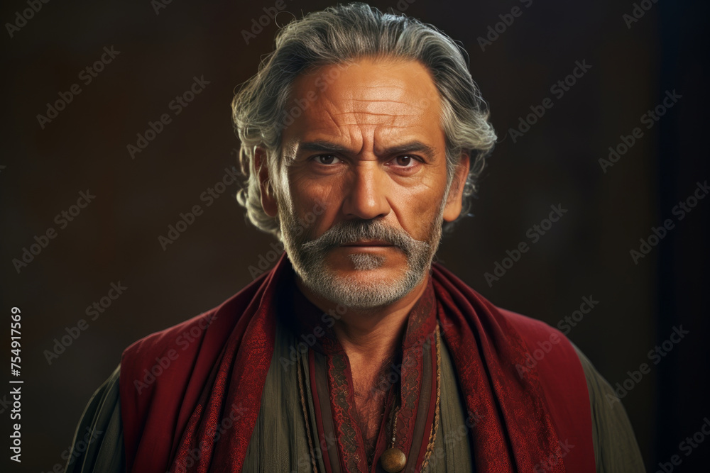 Portrait of an elderly latin man in an ethnic costume