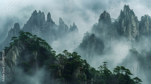 A photo of towering mountains, with craggy peaks as the background, during a misty morning in old engraving style photo