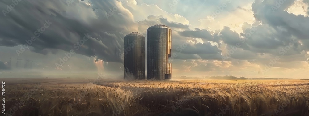 Silos in a Wheat Field, Storage of Agricultural Production - obrazy, fototapety, plakaty 