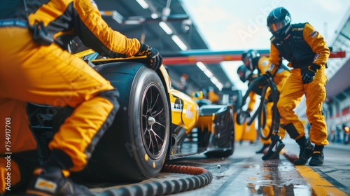 Professional Pit Crew in Action During Race Car Pitstop photo
