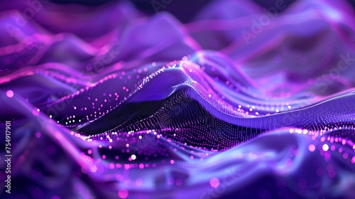 Abstract digital background with dots and lines in purple color, wavy shapes, futuristic pattern. Generated by artificial intelligence. photo