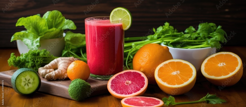 A refreshing glass of juice served on a wooden table, surrounded by a variety of colorful fruits and vegetables, showcasing the natural ingredients used in the recipe A refreshing glass of juice served on a wooden table, surrounded by a variety of colorful fruits and vegetables, showcasing the natural ingredients used in the recipe