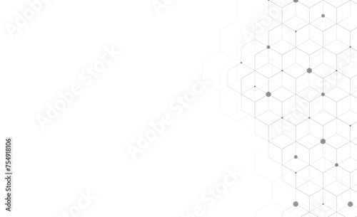 Hexagons pattern on gray background. Genetic research, molecular structure. Chemical engineering. Concept of innovation technology. Used for design healthcare, science and medicine background