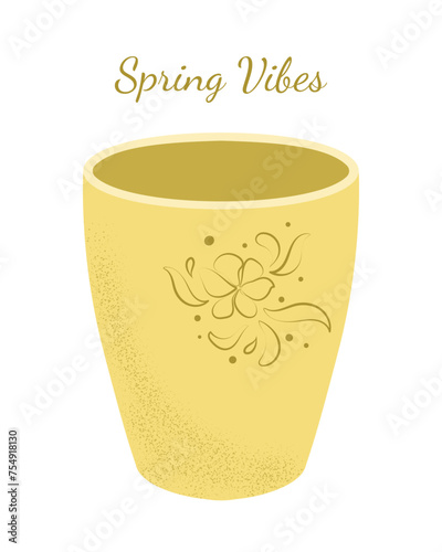 An empty yellow ceramic flower pot is decorated with golden ornaments. Vector isolated texture pattern with lettering spring vibes. Blank template for floriculture design