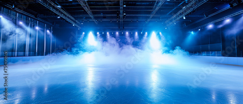  Blue Ice Rink Background. Professional Arena illuminated neon lights, spotlights with smoke. Copyspace. Winter poster for hockey competitions. Ice skating. Stadium. Generative ai © Inai