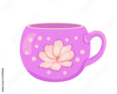 Round-shaped porcelain cup of lilac color with pink spring flowers and polka dots. Cute retro teaware. Vector drawing isolated on white background