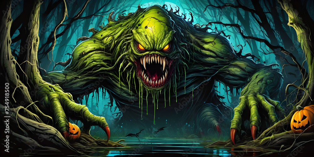 Monstrous creature crawling out of dark woods and swamps. Fear, horror, scary halloween concept