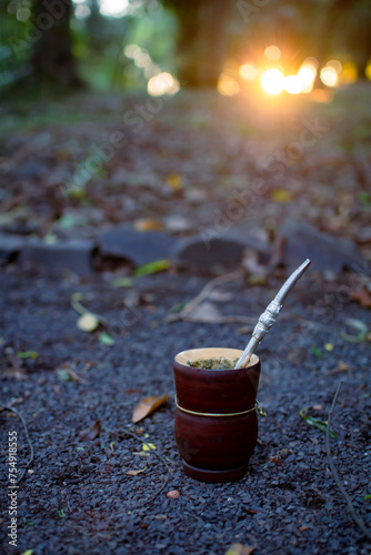 Copa de mate,  bebida con yerba mate en el parque al atardecer. photo