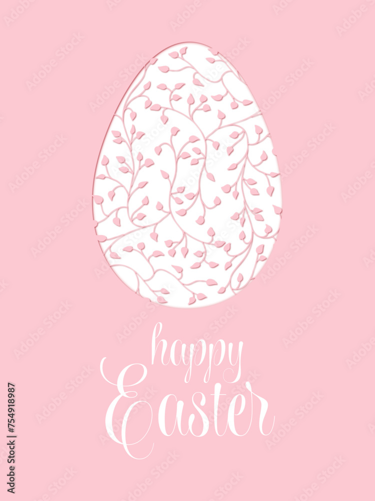 Happy Easter greeting card with lettering. Floral pattern in the shape of Easter egg with trees branch, leaves. Paper cut style. Hand drawing doodles of vector vintage botanical elements Happy Easter greeting card with lettering. Floral pattern in the shape of Easter egg with trees branch, leaves. Paper cut style. Hand drawing doodles of vector vintage botanical elements