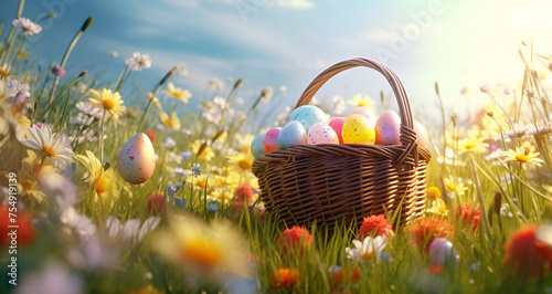 Easter eggs lie in a basket in the rays of the sun. basket with Easter eggs in the grass and flower, sunny day in the sky 