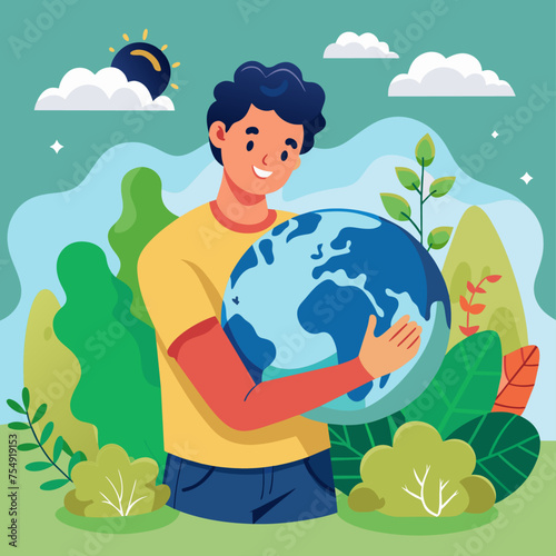 Vector illustration of a man holding a globe. World Environment Day.