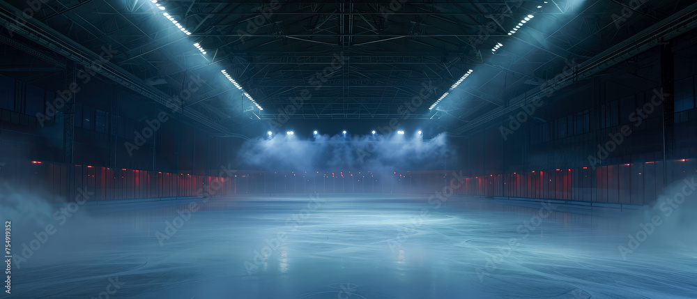  Blue Ice Rink Background. Professional Arena illuminated neon lights, spotlights with smoke. Copyspace. Winter poster for hockey competitions. Ice skating. Stadium. Generative ai