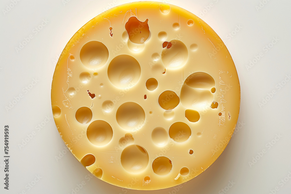 Obraz premium Top view of a round Swiss cheese on white background. Generative ai