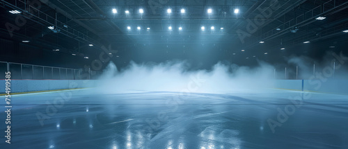  Blue Ice Rink Background. Professional Arena illuminated neon lights, spotlights with smoke. Copyspace. Winter poster for hockey competitions. Ice skating. Stadium. Generative ai