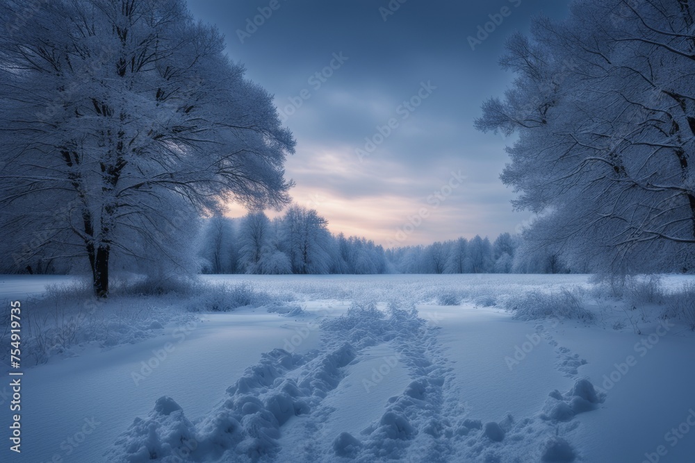 the Winter Landscape with Snow and Trees