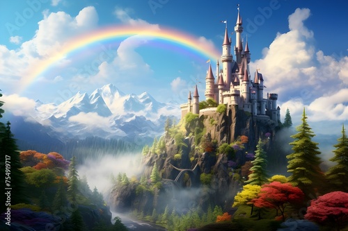 A whimsical fairytale castle perched atop a rocky cliff  framed by a rainbow stretching across the sky. 