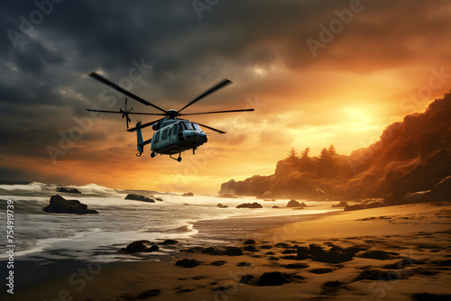 Helikopter flying over beach, heli on beach, helicopter