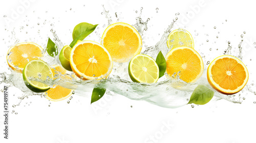 Ugli fruit sliced pieces flying in the air with water splash isolated on transparent png. 