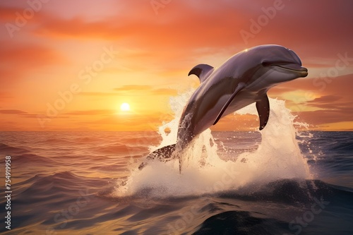 A pair of graceful dolphins leaping joyfully through the waves  their sleek bodies glimmering in the sunlight. 