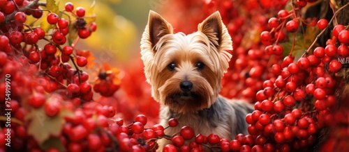 A small carnivore dog is sitting next to a plant with red berries. It is a companion dog breed with a cute snout and a fawncolored coat. The scene would be great for macro photography