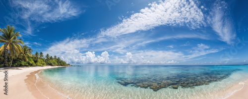 A panoramic view of a calm turquoise sea meeting a pristine sandy beach, with lush greenery in the distance under a sunny sky.