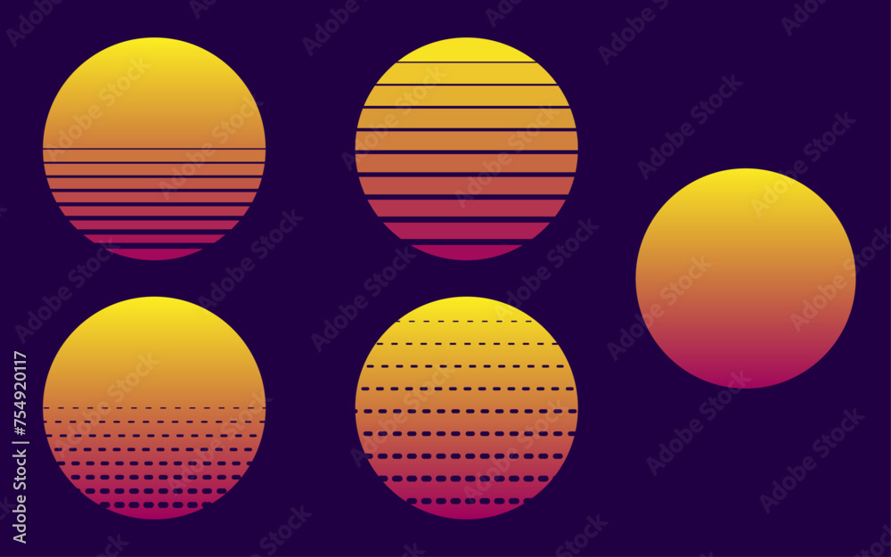 Vintage sunset collection. Colorful striped sunrise badges in 80s and 90s style. Sun and ocean views, summer vibes, surfing. Design element for print, logo, or t-shirt. Vector illustration
