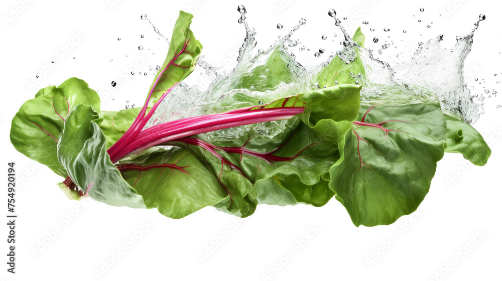 Swiss chard  sliced pieces flying in the air with water splash isolated on transparent png.
 - obrazy, fototapety, plakaty 
