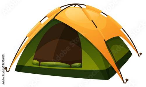 Vector illustration of a tent for camping, expedition, summer camp. The tent is in green and yellow, open and unfolded. Tent for hiking, fishing, hunting on a white background. Hiking equipment.