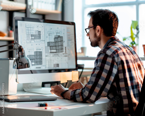 The Generative AI of a design engineer works with construction drawings sitting on a computer
