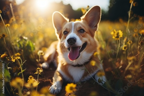 Smiling corgi dog playing in meadow, perfect for showcasing tick and flea protection products © vetrana