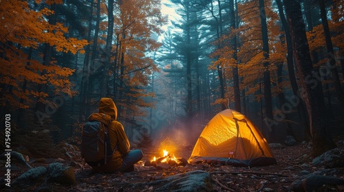 Person Sitting by Fire in Forest