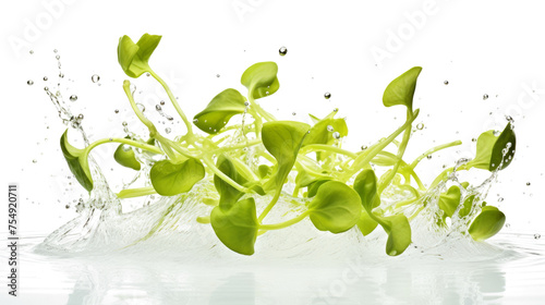 Sunflower sprouts sliced pieces flying in the air with water splash isolated on transparent png. 