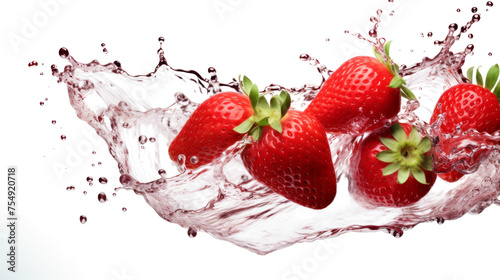 Strawberry sliced pieces flying in the air with water splash isolated on transparent png. 