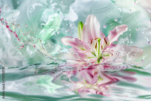 Pink tiger lily lying in the water, abstract background in pink and light green pastel colour photo