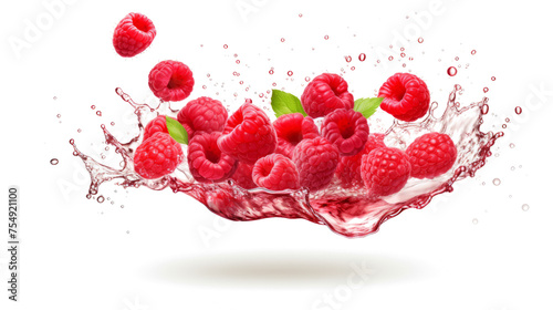 Raspberry sliced pieces flying in the air with water splash isolated on transparent png. 