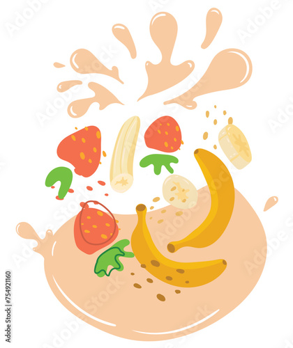 Ripe banana and strawberry with splashes of juice. Vector illustration of organic fruit juice. Eco label concept for natural banana and strawberry flavor. Design of vape, juice, smoothie.