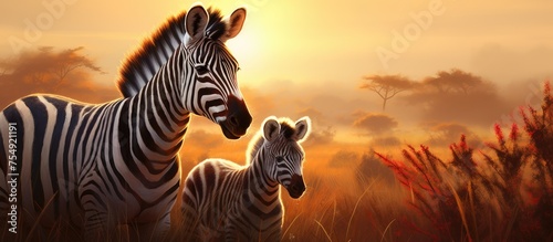 Two zebras standing together in a grassland at sunset  under a sky filled with beautiful clouds  creating a stunning natural landscape