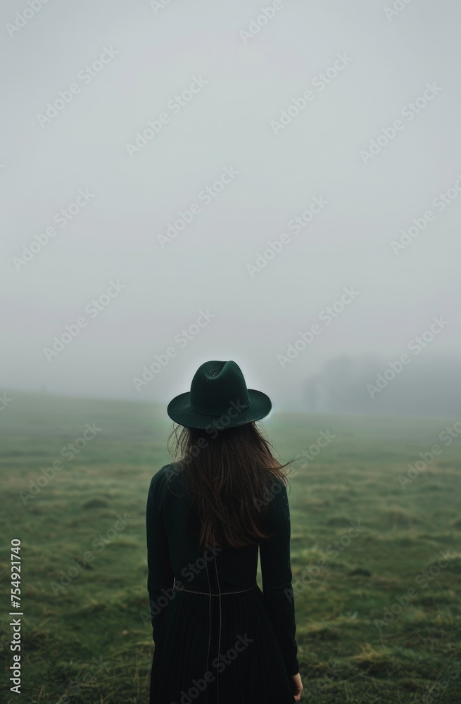Foggy Landscape with Woman in Hat - obrazy, fototapety, plakaty 
