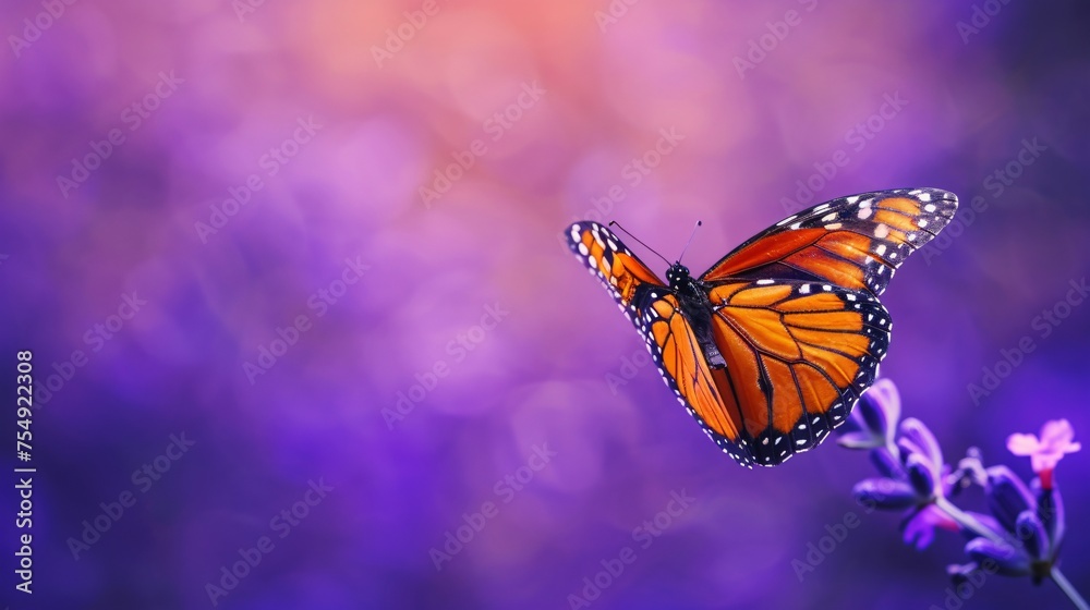 Obraz premium Butterfly with vibrant wings on a lavender background poised for flight offering serene copyspace