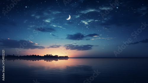 a Ramadan sky with stars and a crescent moon above a calm sea. Ramdan Kareem & Eid Mubark. 