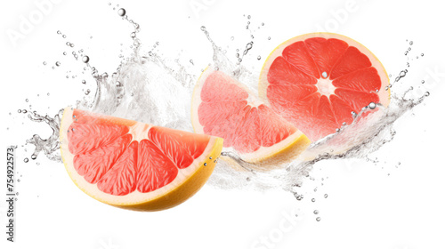 Pomelo sliced pieces flying in the air with water splash isolated on transparent png.
