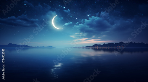 a Ramadan sky with stars and a crescent moon above a calm sea. Ramdan Kareem & Eid Mubark. 