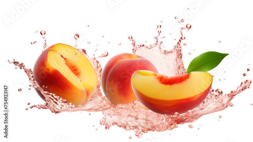 Peach sliced pieces flying in the air with water splash isolated on transparent png.