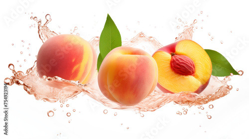 Peach sliced pieces flying in the air with water splash isolated on transparent png.